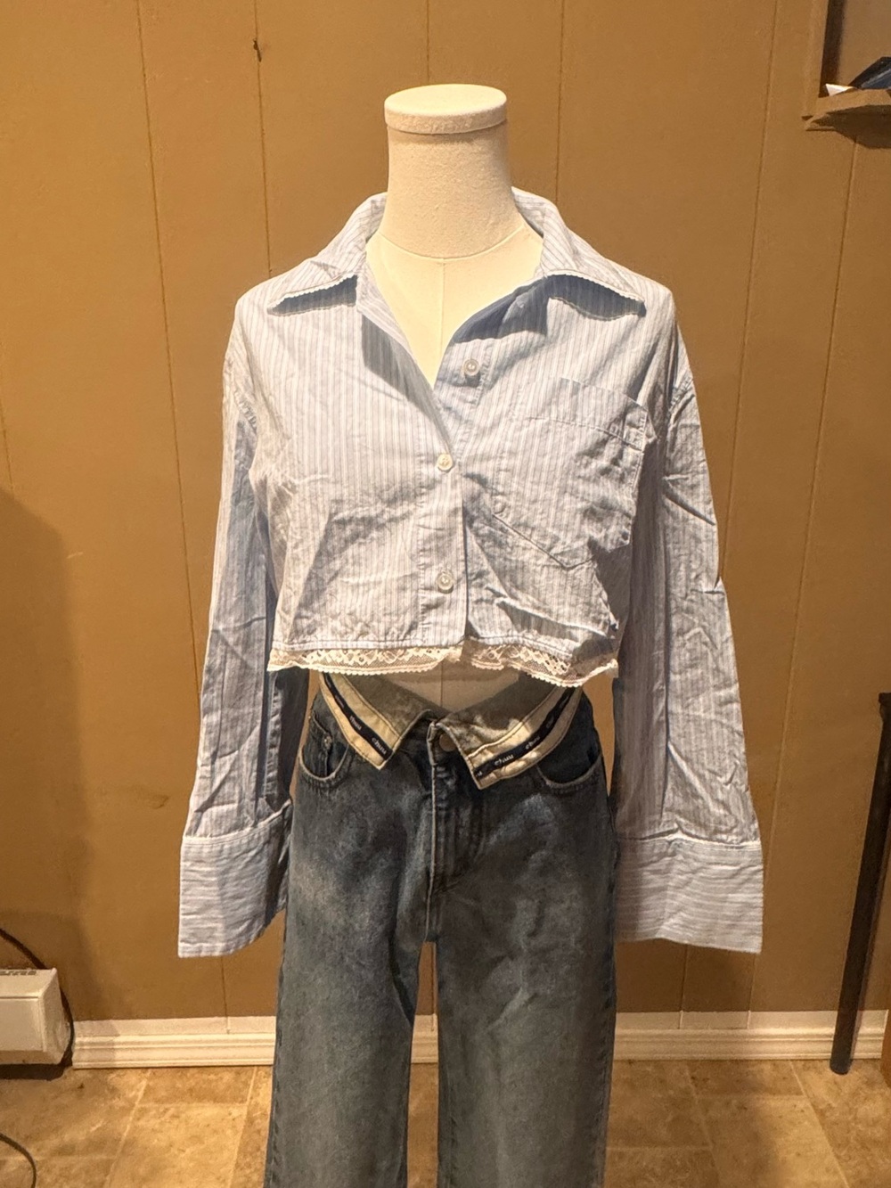 Zara Light Blue Cropped Striped Button-Down Shirt